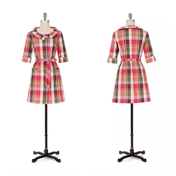 Anthropologie Little Yellow Button With a Flourish Ruffle Neck Red Shirt Dress - Picture 3 of 14